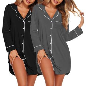 Ekouaer 2 Pack Nightgowns for Women Long Sleeve Night Shirt Button Down Sleep Shirt V-Neck Sleep Dress Pajama Sleepwear(Black/Grey)