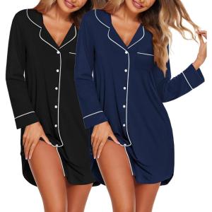 Ekouaer 2 Pack Nightgowns for Women Long Sleeve Night Shirt Button Down Sleep Shirt V-Neck Sleep Dress Pajama Sleepwear(Black/Navy Blue)