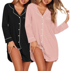 Ekouaer 2 Pack Nightgowns for Women Long Sleeve Night Shirt Button Down Sleep Shirt V-Neck Sleep Dress Pajama Sleepwear(Black/Pink)