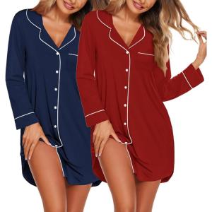Ekouaer 2 Pack Nightgowns for Women Long Sleeve Night Shirt Button Down Sleep Shirt V-Neck Sleep Dress Pajama Sleepwear(Navy Blue/Wine Red)