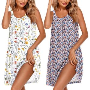Ekouaer 2 Pack Nightgowns for Women Sleeveless Sleepwear Wide Strap Sleep Shirt Pleated Tank Sleepshirt S-4XL(Dense Floral& Multicolour Flower)