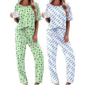 Ekouaer 2 Pack Womens Pajama Sets Short Sleeve Tops and Long Pants Casual Comfy Pjs Lounge Set with Pockets,S-XXL(Green Avocado/Blue Whale)