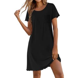 Ekouaer Bamboo Viscose Sleep Shirts for Women Soft Nightgowns Short Sleeve Ruffled Night Shirts with Chest Pocket S-3XL(Black)