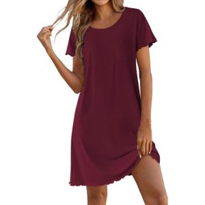 Ekouaer Bamboo Viscose Sleep Shirts for Women Soft Nightgowns Short Sleeve Ruffled Night Shirts with Chest Pocket S-3XL(Deep Red)
