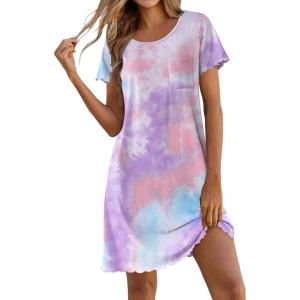 Ekouaer Bamboo Viscose Sleep Shirts for Women Soft Nightgowns Short Sleeve Ruffled Night Shirts with Chest Pocket S-3XL(Tie Dye Blue)