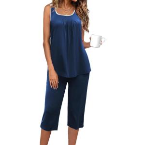 Ekouaer Capri Pajama Sets for Women 2 Piece Soft Cute Pjs Round Neck Sleeveless Lounge Set for Summer Sleepwear S-XXXL(Cobalt Blue)