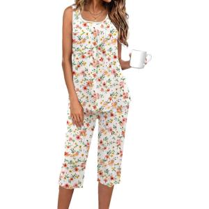 Ekouaer Capri Pajama Sets for Women 2 Piece Soft Cute Pjs Round Neck Sleeveless Lounge Set for Summer Sleepwear S-XXXL(Flower 1)