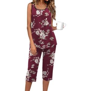 Ekouaer Capri Pajama Sets for Women 2 Piece Soft Cute Pjs Round Neck Sleeveless Lounge Set for Summer Sleepwear S-XXXL(Flower 2)