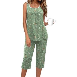 Ekouaer Capri Pajama Sets for Women 2 Piece Soft Cute Pjs Round Neck Sleeveless Lounge Set for Summer Sleepwear S-XXXL(Flower 5)