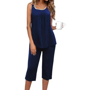 Ekouaer Capri Pajama Sets for Women 2 Piece Soft Cute Pjs Round Neck Sleeveless Lounge Set for Summer Sleepwear S-XXXL(Navy Blue)