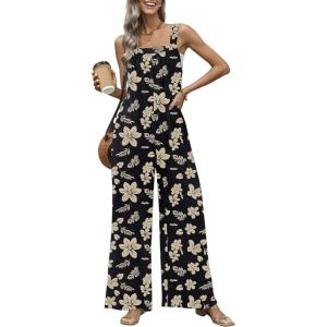 Ekouaer Casual Jumpsuits for Women Adjustable Straps Overalls One Piece Jumpsuit Wide Leg Rompers With Pockets S-XXL(Black Flowers)