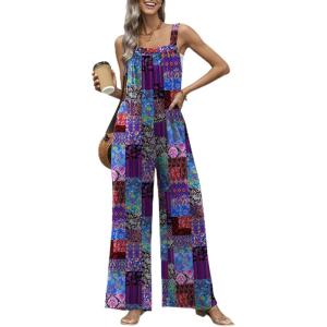 Ekouaer Casual Jumpsuits for Women Adjustable Straps Overalls One Piece Jumpsuit Wide Leg Rompers With Pockets S-XXL(Blue Checkered)