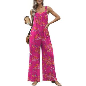 Ekouaer Casual Jumpsuits for Women Adjustable Straps Overalls One Piece Jumpsuit Wide Leg Rompers With Pockets S-XXL(Hot Pink Floral)