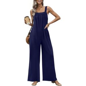 Ekouaer Casual Jumpsuits for Women Adjustable Straps Overalls One Piece Jumpsuit Wide Leg Rompers With Pockets S-XXL(Navy Blue)