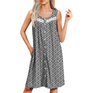 Ekouaer Nightgowns for Women Button Up Sleepshirt Tank Sleeveless Nightshirt Soft Sleepwear with Pockets S-XXXL(Black White Floral)