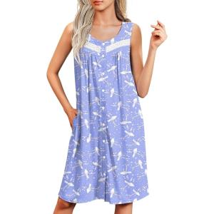 Ekouaer Nightgowns for Women Button Up Sleepshirt Tank Sleeveless Nightshirt Soft Sleepwear with Pockets S-XXXL(Blue White Bird)