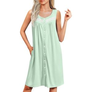 Ekouaer Nightgowns for Women Button Up Sleepshirt Tank Sleeveless Nightshirt Soft Sleepwear with Pockets S-XXXL(Light Green)