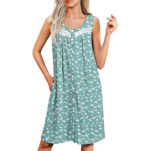 Ekouaer Nightgowns for Women Button Up Sleepshirt Tank Sleeveless Nightshirt Soft Sleepwear with Pockets S-XXXL(Light Green White Florals)