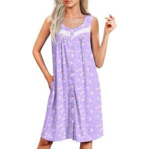 Ekouaer Nightgowns for Women Button Up Sleepshirt Tank Sleeveless Nightshirt Soft Sleepwear with Pockets S-XXXL(Light Purple Floral)