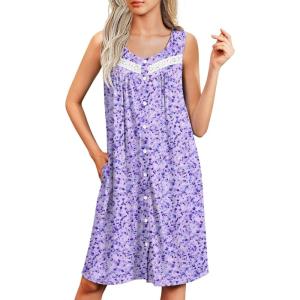 Ekouaer Nightgowns for Women Button Up Sleepshirt Tank Sleeveless Nightshirt Soft Sleepwear with Pockets S-XXXL(Purple Florals)