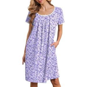 Ekouaer Nightgowns for Women Short Sleeve Moo Moos Ladies House Dress with Pockets Pleated Sleepshirts Soft Sleepwear(Blue White Polka Dots)
