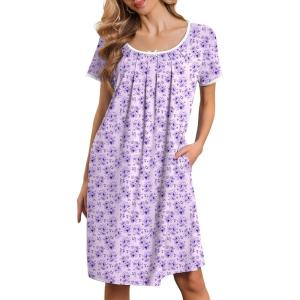 Ekouaer Nightgowns for Women Short Sleeve Moo Moos Ladies House Dress with Pockets Pleated Sleepshirts Soft Sleepwear(Light Purple Florals)