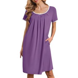 Ekouaer Nightgowns for Women Short Sleeve Moo Moos Ladies House Dress with Pockets Pleated Sleepshirts Soft Sleepwear(Purple)