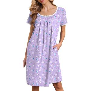 Ekouaer Nightgowns for Women Short Sleeve Moo Moos Ladies House Dress with Pockets Pleated Sleepshirts Soft Sleepwear(Purple White Florals)