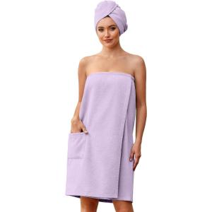 Ekouaer Towel Wrap for Women with Hair Towel Lightweight Knee Length Spa Body Bath Adjustable Closure Bathrobe with Pocket(Lavender)