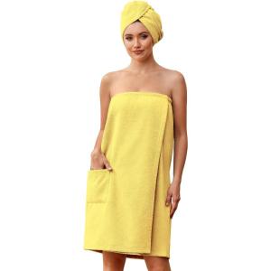 Ekouaer Towel Wrap for Women with Hair Towel Lightweight Knee Length Spa Body Bath Adjustable Closure Bathrobe with Pocket(Lemon Yellow)