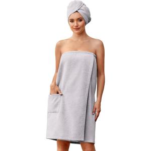 Ekouaer Towel Wrap for Women with Hair Towel Lightweight Knee Length Spa Body Bath Adjustable Closure Bathrobe with Pocket(Light Gray)