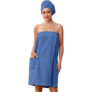 Ekouaer Towel Wrap for Women with Hair Towel Lightweight Knee Length Spa Body Bath Adjustable Closure Bathrobe with Pocket(Navy Blue)