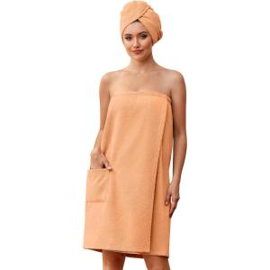 Ekouaer Towel Wrap for Women with Hair Towel Lightweight Knee Length Spa Body Bath Adjustable Closure Bathrobe with Pocket(Soft Orange)