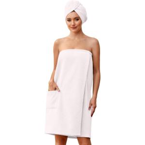 Ekouaer Towel Wrap for Women with Hair Towel Lightweight Knee Length Spa Body Bath Adjustable Closure Bathrobe with Pocket(White)