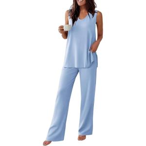 Ekouaer Womens Pajamas Set Sleeveless Lounge Sets Comfy Tank Top and Pants Pjs Set V Neck 2 Piece Sleepwear S-XXL(Baby Blue)