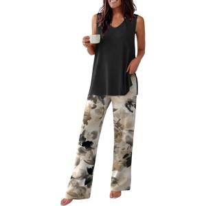 Ekouaer Womens Pajamas Set Sleeveless Lounge Sets Comfy Tank Top and Pants Pjs Set V Neck 2 Piece Sleepwear S-XXL(Floral Black)