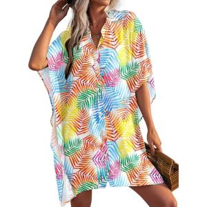 Ekouaer Women’s Swimsuit Cover Up 3/4 Sleeve Beachwear Bikini Coverups Button Down Oversized Cover Up Shirt S-3XL(Colorful Leaves)