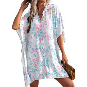 Ekouaer Women’s Swimsuit Cover Up 3/4 Sleeve Beachwear Bikini Coverups Button Down Oversized Cover Up Shirt S-3XL(Pink Blue Water Color)