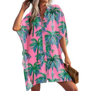 Ekouaer Women’s Swimsuit Cover Up 3/4 Sleeve Beachwear Bikini Coverups Button Down Oversized Cover Up Shirt S-3XL(Watercolor Coconut Tree)