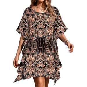Ekouaer Women’s Swimsuit Coverup Chiffon Floral Bathing Suit Cover Up Ruffled Summer Beachwear Bikini Coverups S-3XL(Bohemia Black)