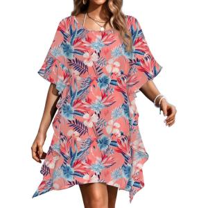 Ekouaer Women’s Swimsuit Coverup Chiffon Floral Bathing Suit Cover Up Ruffled Summer Beachwear Bikini Coverups S-3XL(Floral Pink)