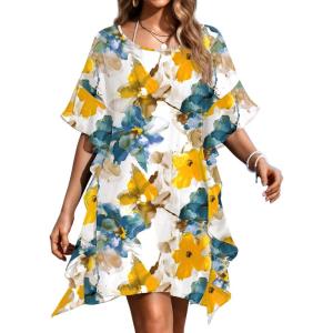 Ekouaer Women’s Swimsuit Coverup Chiffon Floral Bathing Suit Cover Up Ruffled Summer Beachwear Bikini Coverups S-3XL(Floral Yellow)
