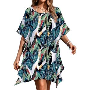 Ekouaer Women’s Swimsuit Coverup Chiffon Floral Bathing Suit Cover Up Ruffled Summer Beachwear Bikini Coverups S-3XL(Leaf Green)