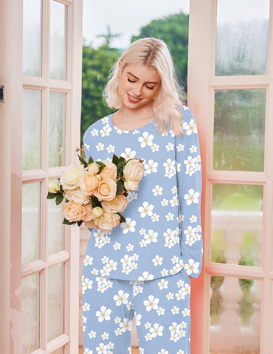 imageEkouaer 2 Pack Womens Pajama Sets Long Sleeve Sleepwear Long Pants Loungewear Soft Pjs Set with Pockets SXXLLight Blue DaisyApricot Butterfly