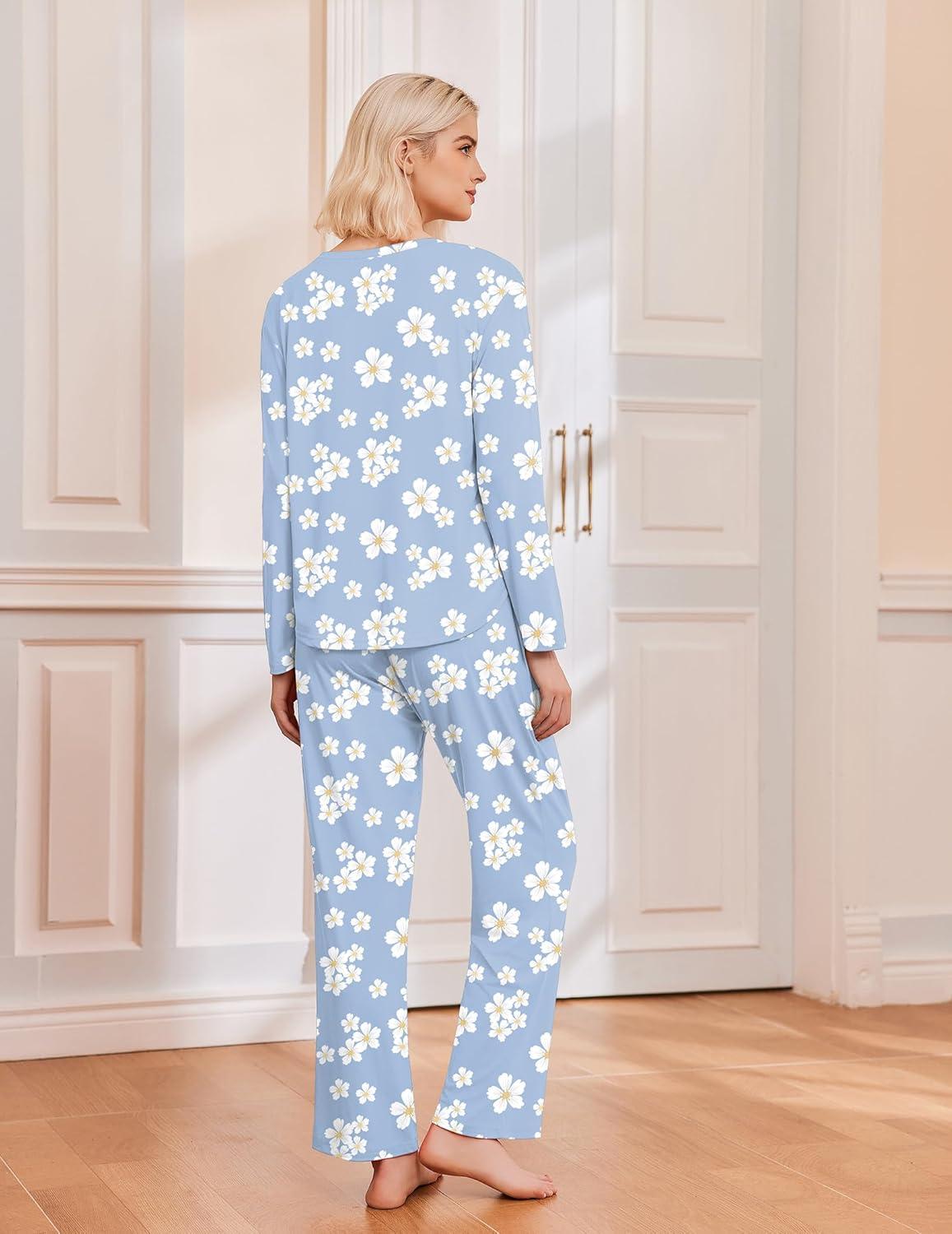 imageEkouaer 2 Pack Womens Pajama Sets Long Sleeve Sleepwear Long Pants Loungewear Soft Pjs Set with Pockets SXXLLight Blue DaisyApricot Butterfly