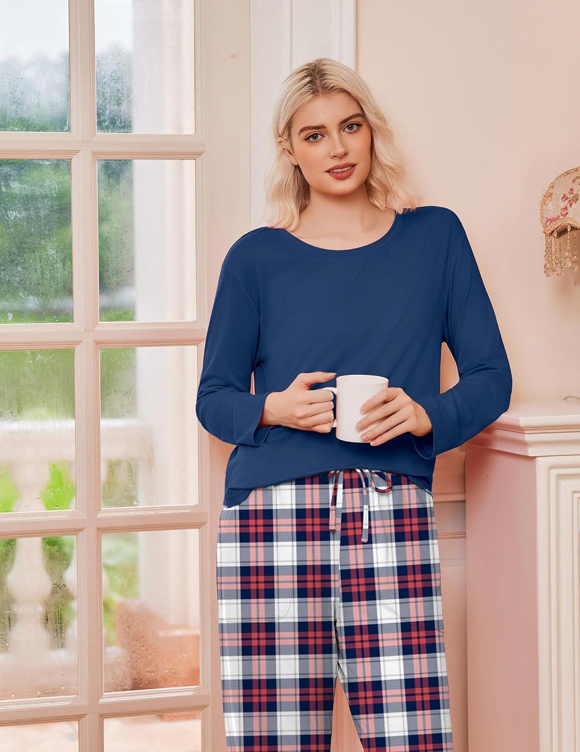 imageEkouaer 2 Pack Womens Pajama Sets Long Sleeve Sleepwear Long Pants Loungewear Soft Pjs Set with Pockets SXXLNavy PlaidWine Plaid
