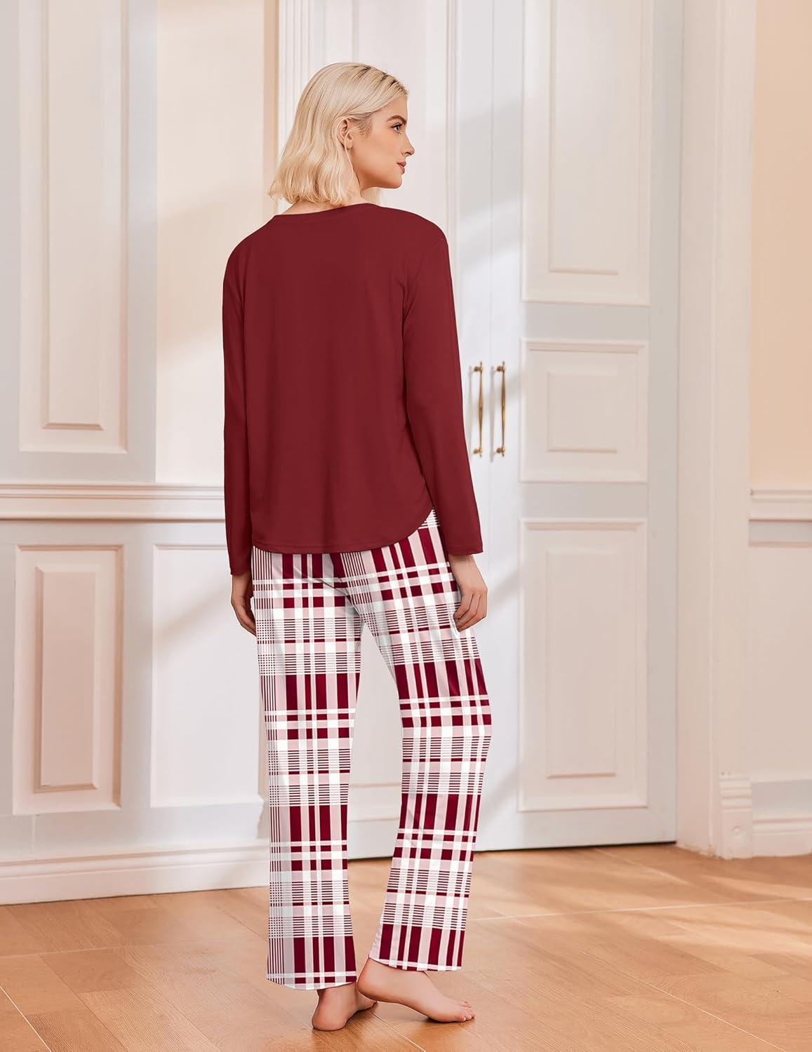 imageEkouaer 2 Pack Womens Pajama Sets Long Sleeve Sleepwear Long Pants Loungewear Soft Pjs Set with Pockets SXXLNavy PlaidWine Plaid