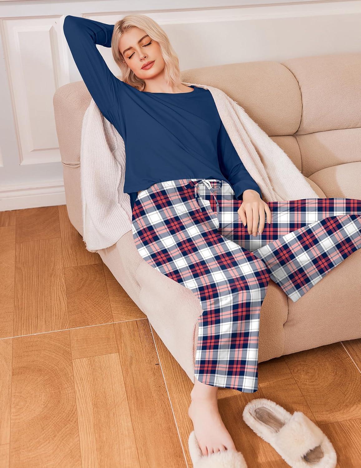 imageEkouaer 2 Pack Womens Pajama Sets Long Sleeve Sleepwear Long Pants Loungewear Soft Pjs Set with Pockets SXXLNavy PlaidWine Plaid