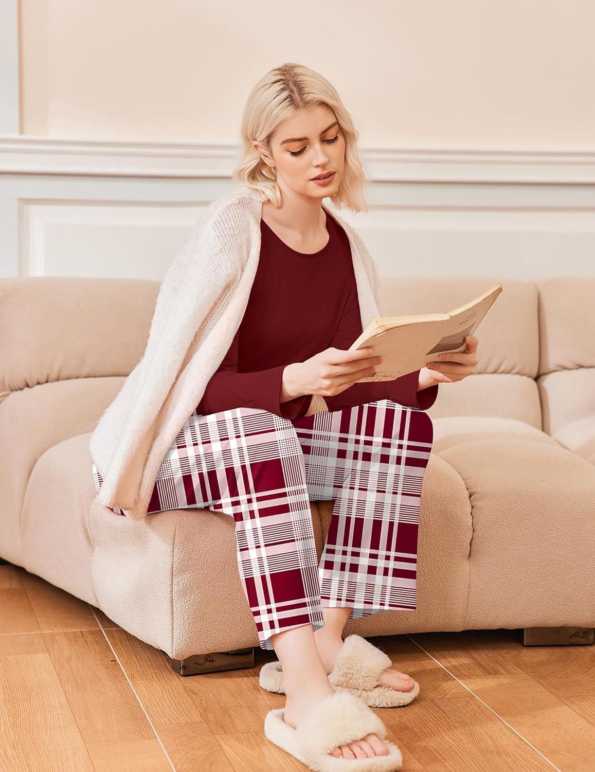 imageEkouaer 2 Pack Womens Pajama Sets Long Sleeve Sleepwear Long Pants Loungewear Soft Pjs Set with Pockets SXXLNavy PlaidWine Plaid