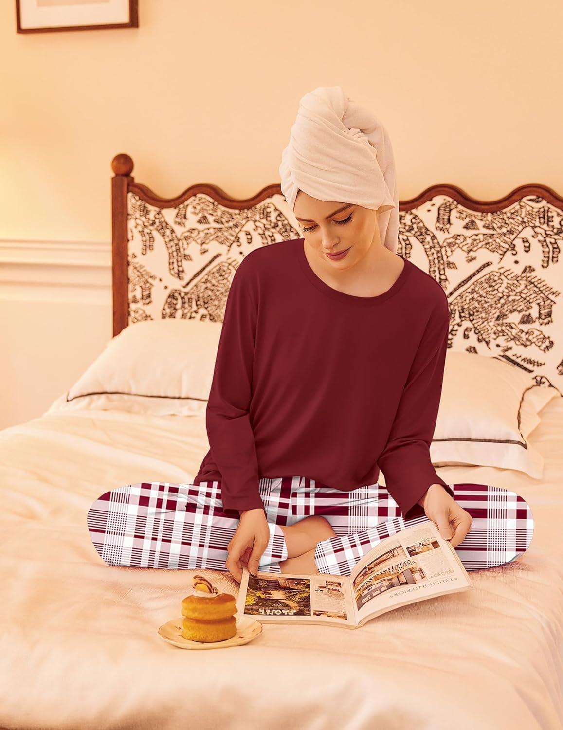 imageEkouaer 2 Pack Womens Pajama Sets Long Sleeve Sleepwear Long Pants Loungewear Soft Pjs Set with Pockets SXXLNavy PlaidWine Plaid